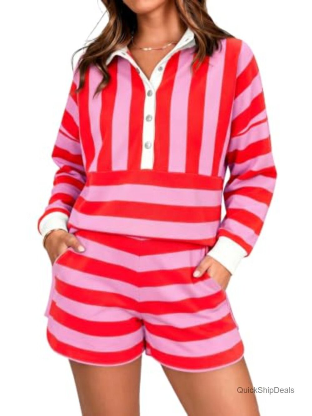 Striped 2 Piece Rugby Top & Shorts Set Long Sleeve Polyester Blend Casual